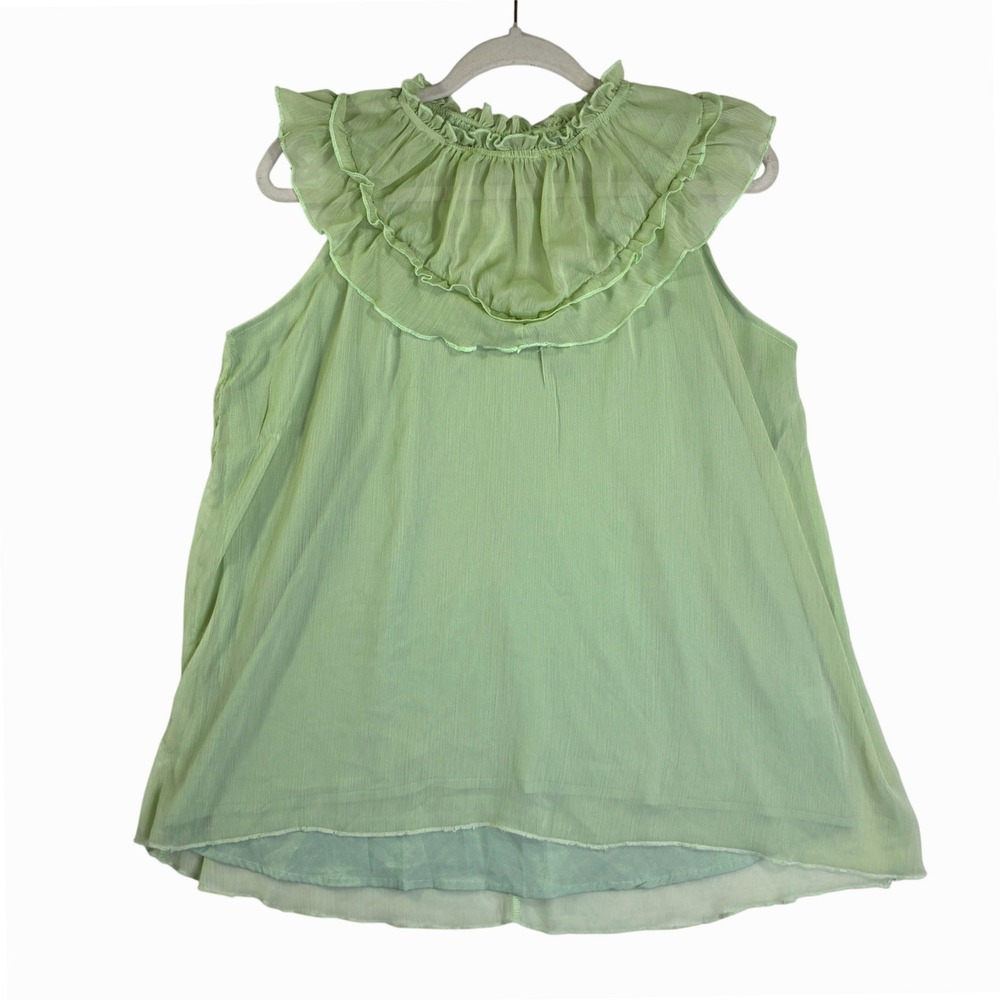 Green Ruffle Bib Sleeveless Chiffon Blouse Medium Pistachio Flowy Tank Top